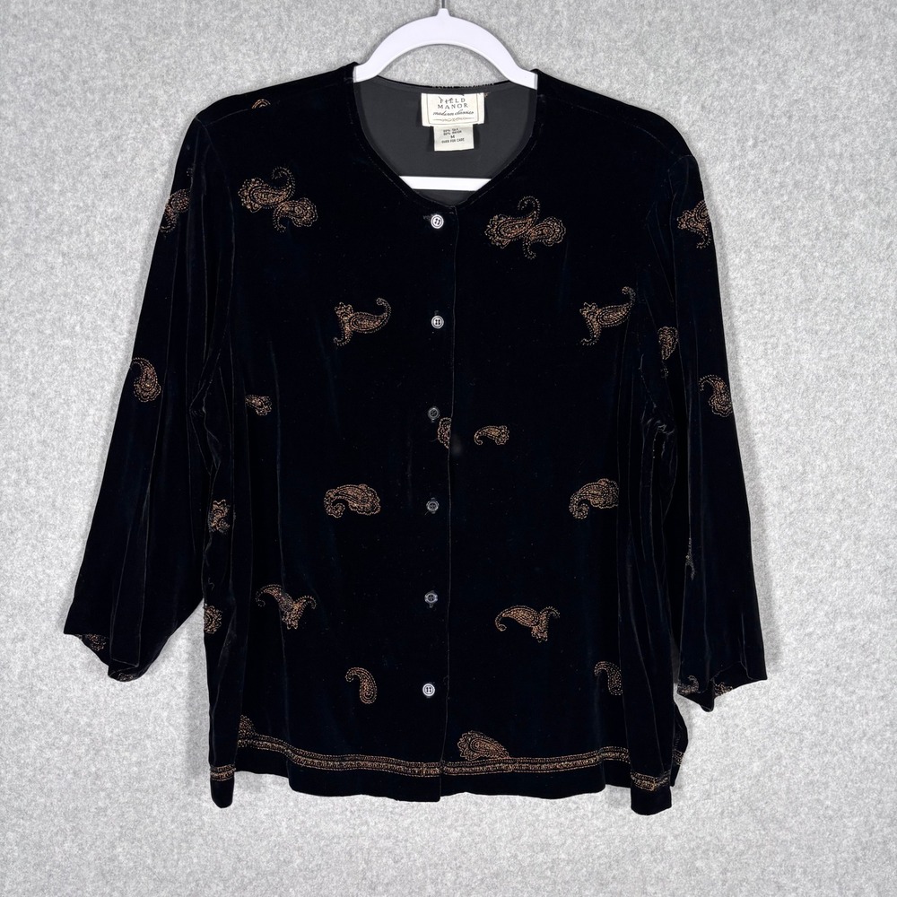 Vintage Field Manor Velvet Embroidered Cardigan Medium Black‎ Silk Paisley Gold